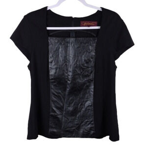 Hal Rubenstein Black Leather Rayon Square Neckline Short Sleeve Waist Length Top